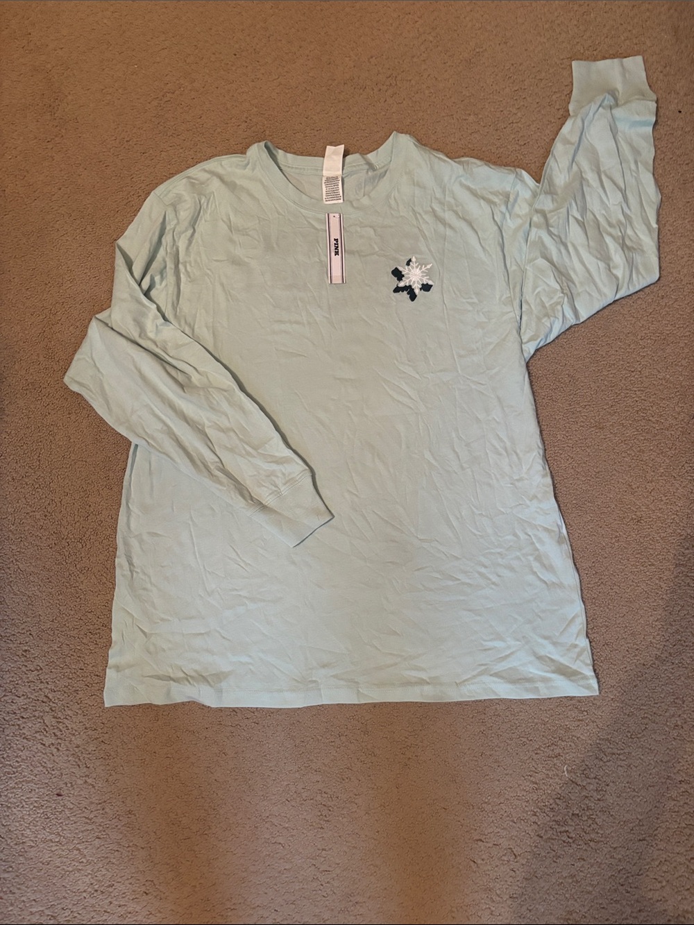 Victorias Secret Pink Mint Green Long Sleeve T Shirt Snowflake Large NET